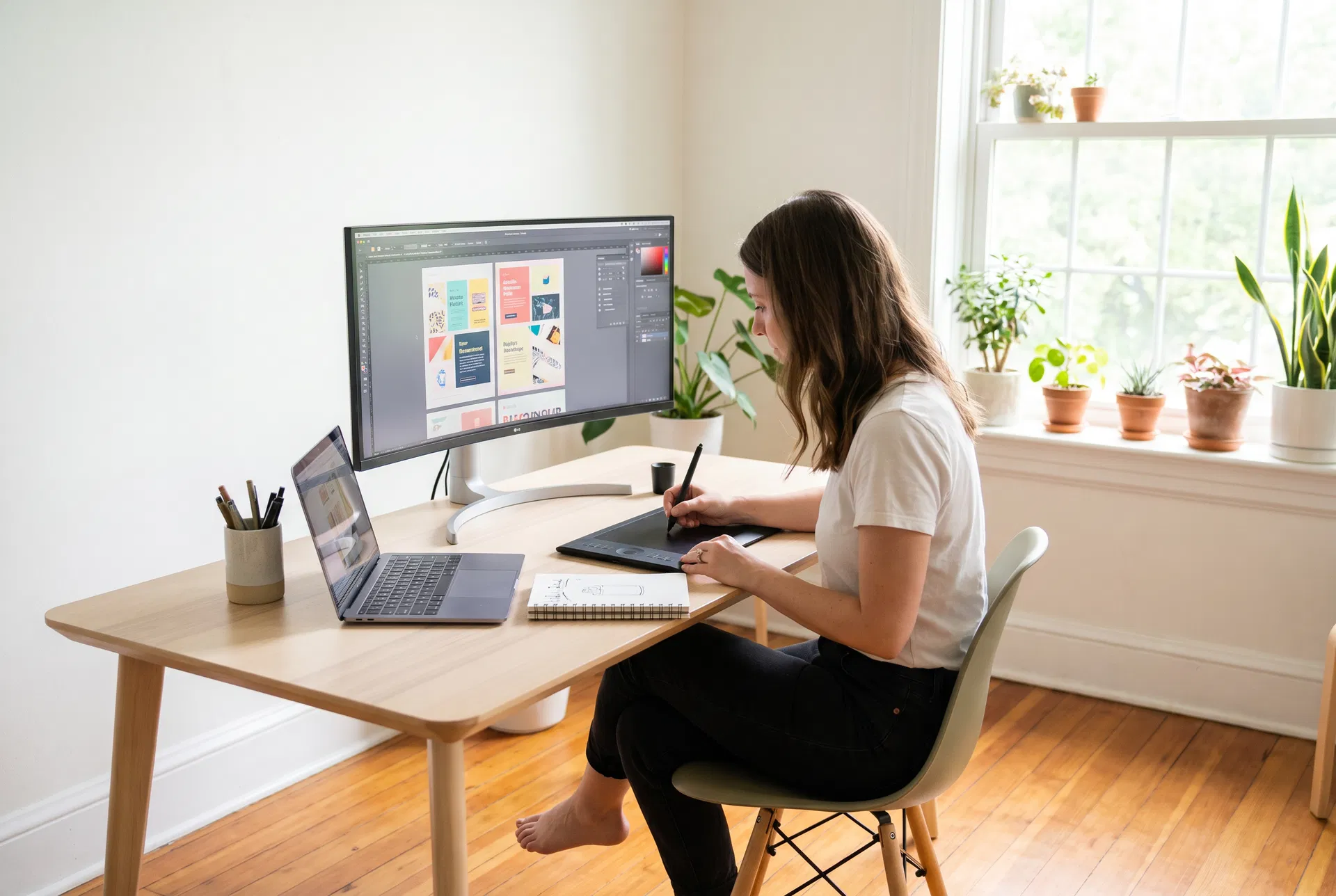 Kreative Freelancerin arbeitet an Grafikdesign am Schreibtisch