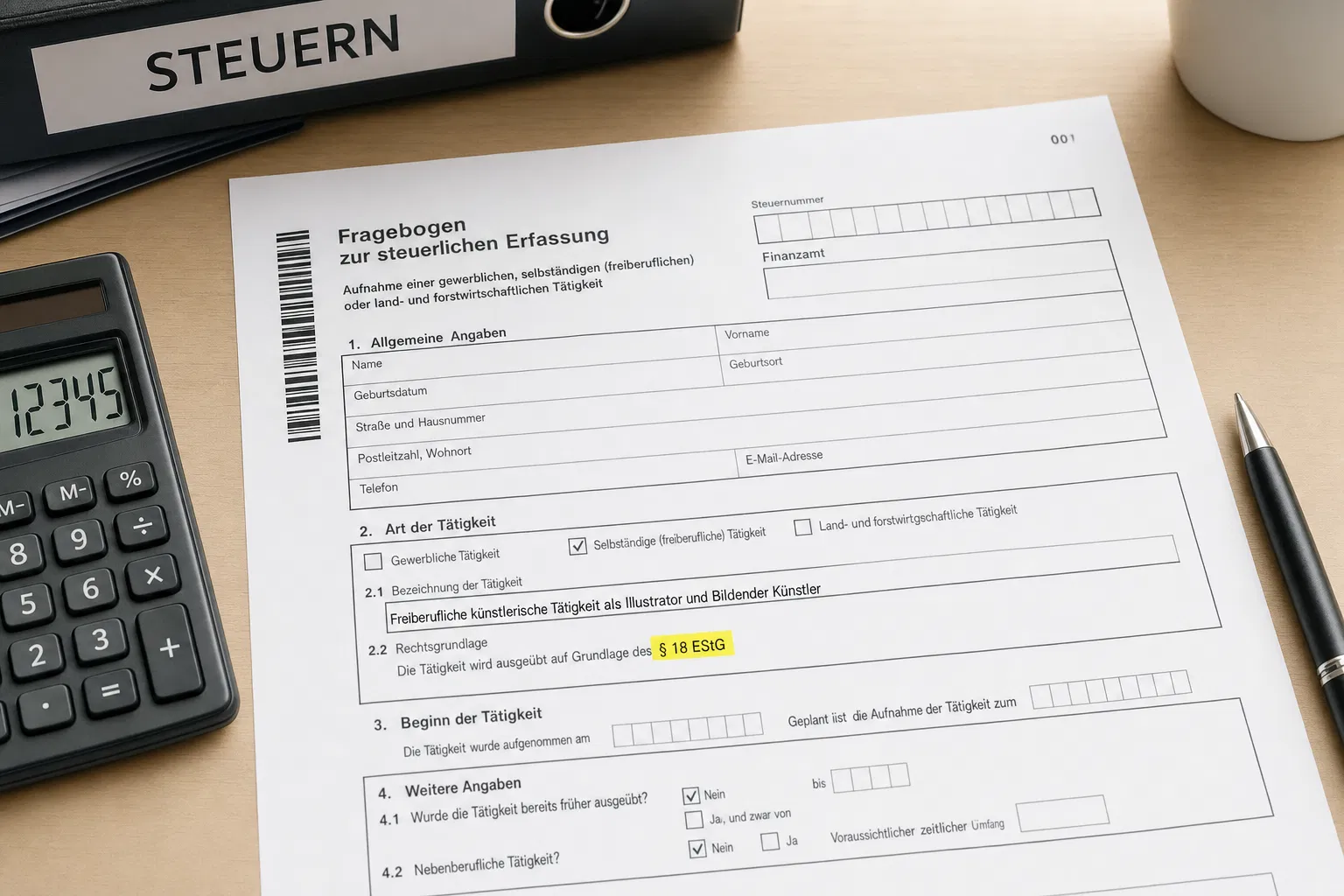 Fragebogen zur steuerlichen Erfassung für Künstler – § 18 EStG Freiberufler