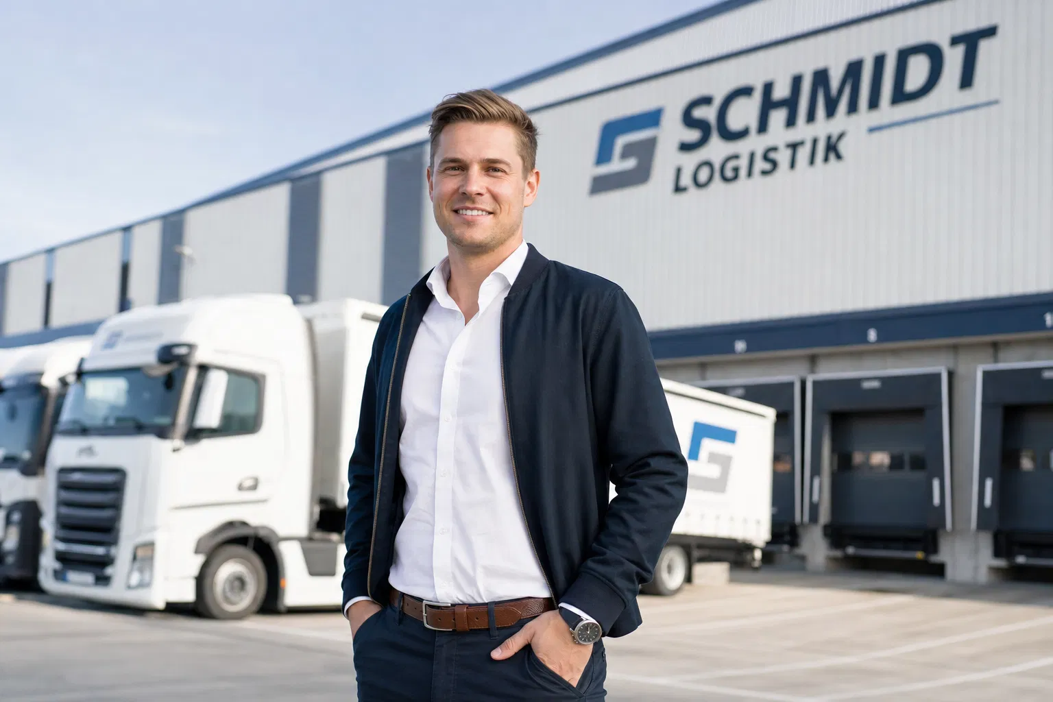 Logistik Firma gründen: Unternehmer vor Lagerhalle mit LKW