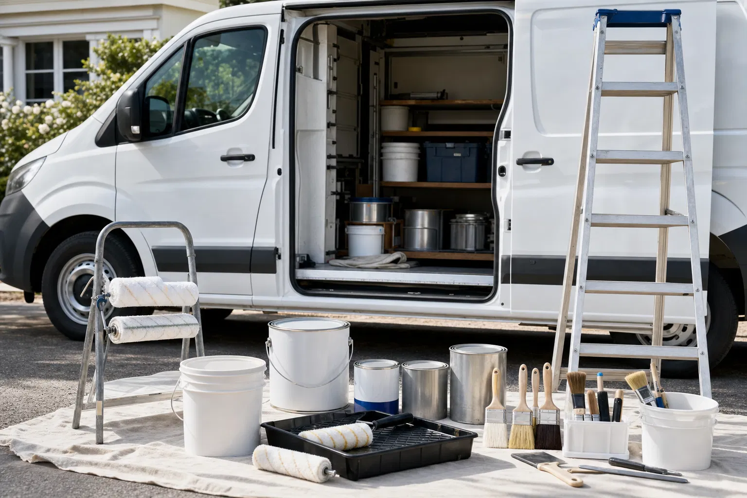 Professionelle Ausrüstung eines selbstständigen Malers: Transporter, Leitern, Farben und Werkzeug