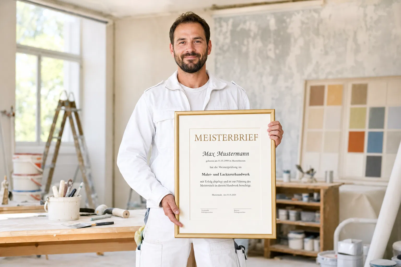 Malermeister mit Meisterbrief in seiner Werkstatt