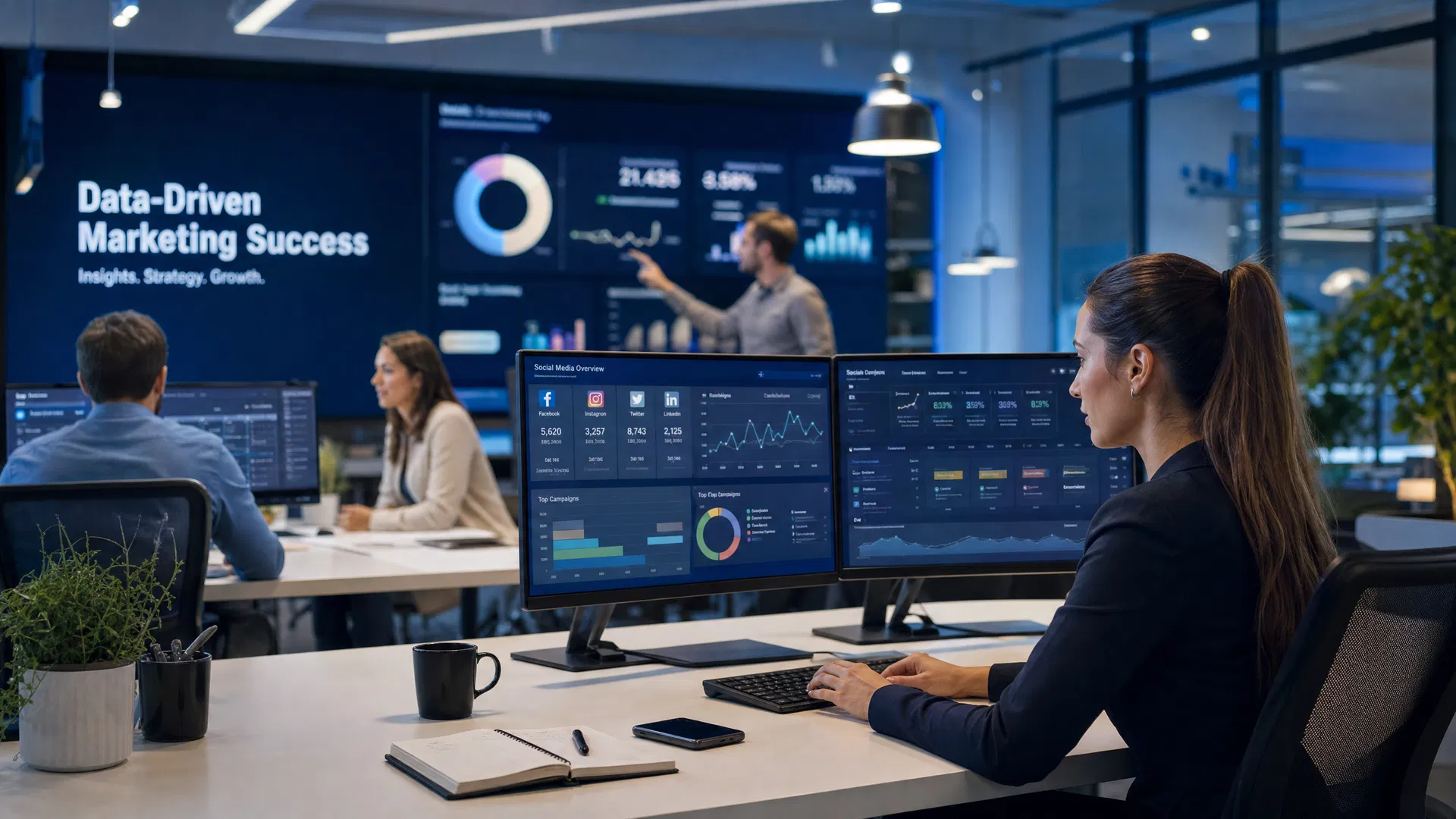 Marketing Agentur Team im modernen Büro mit Dashboards – Marketing Agentur gründen 2026