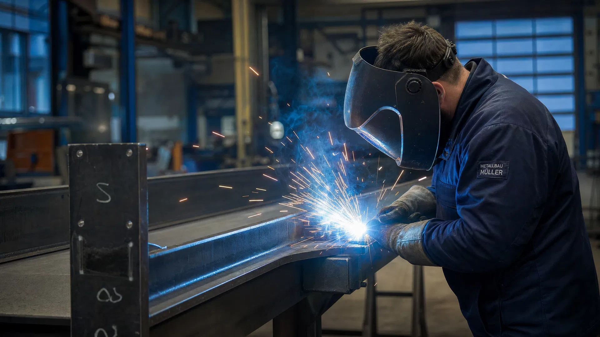 Metallbauer beim Schweißen in moderner Werkstatt mit Funkenregen – Metallbau Firma gründen