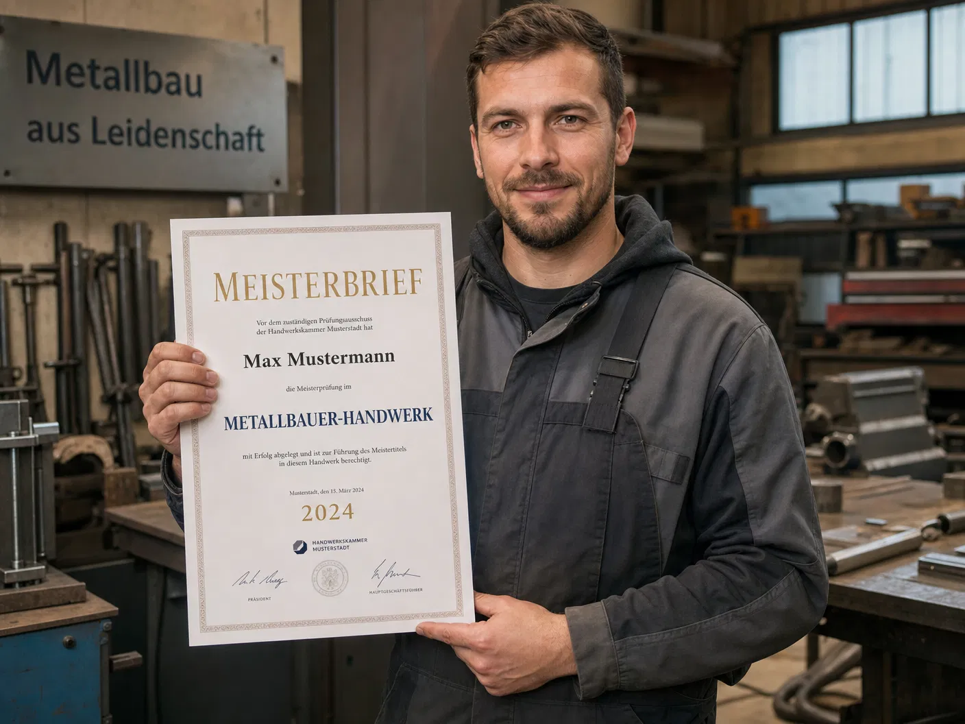 Metallbauer hält Meisterbrief METALLBAUER-HANDWERK Max Mustermann 2024 in seiner Werkstatt
