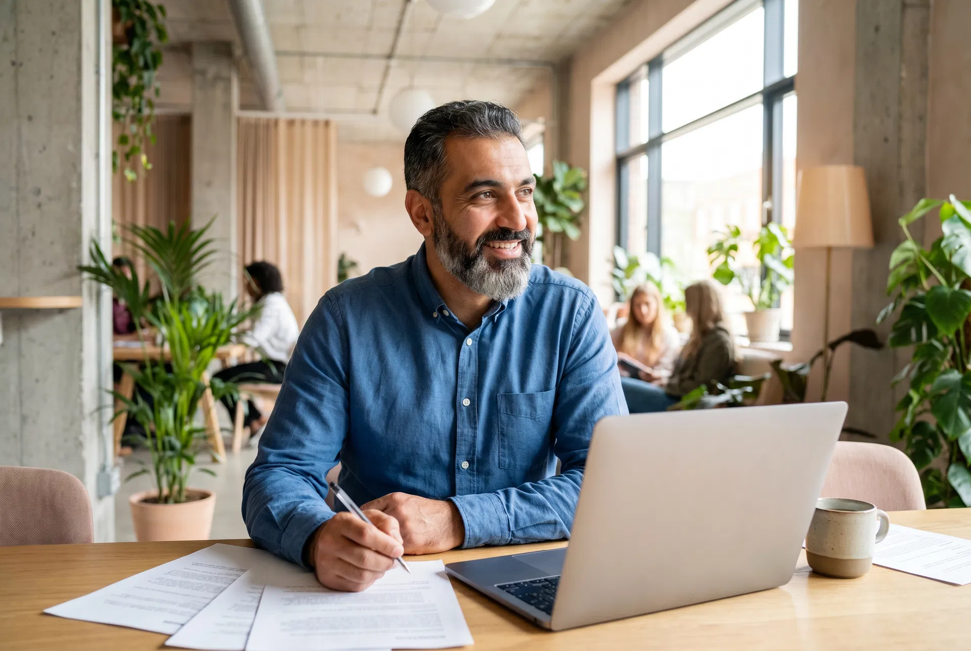 Selbstständiger Unternehmer mit Migrationshintergrund arbeitet am Laptop im Co-Working-Space in Deutschland