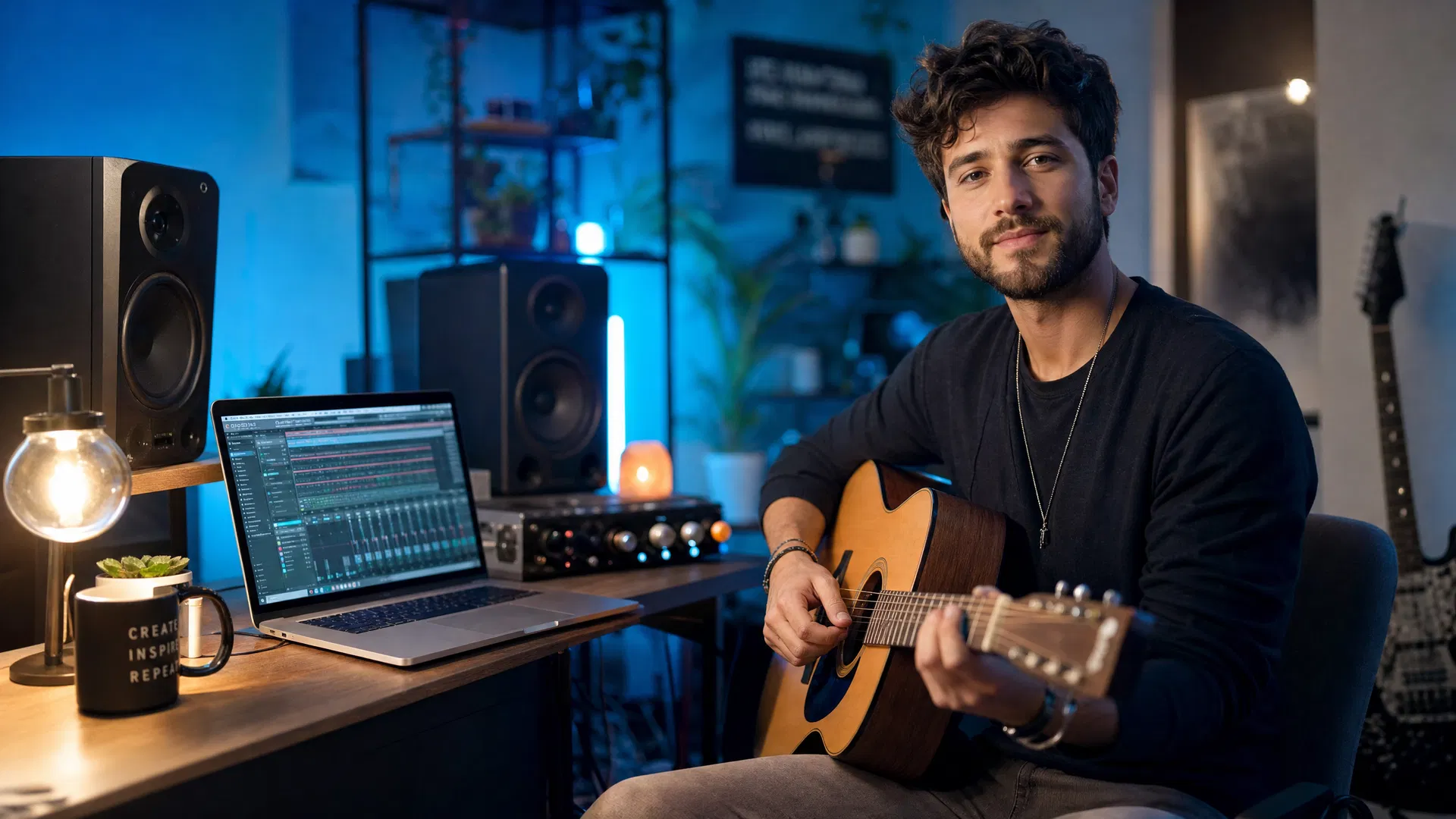 Musiker im Home-Studio mit Gitarre und Laptop – Als Musiker selbstständig machen 2026