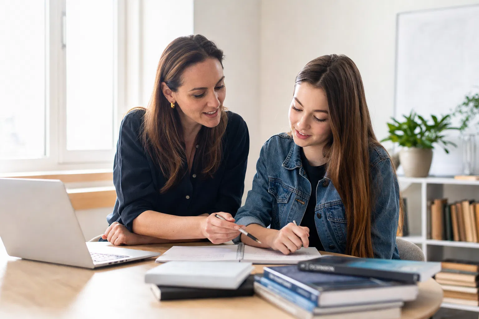 Nachhilfelehrerin erklaert Mathematik am Schreibtisch – Nachhilfe selbststaendig machen 2026
