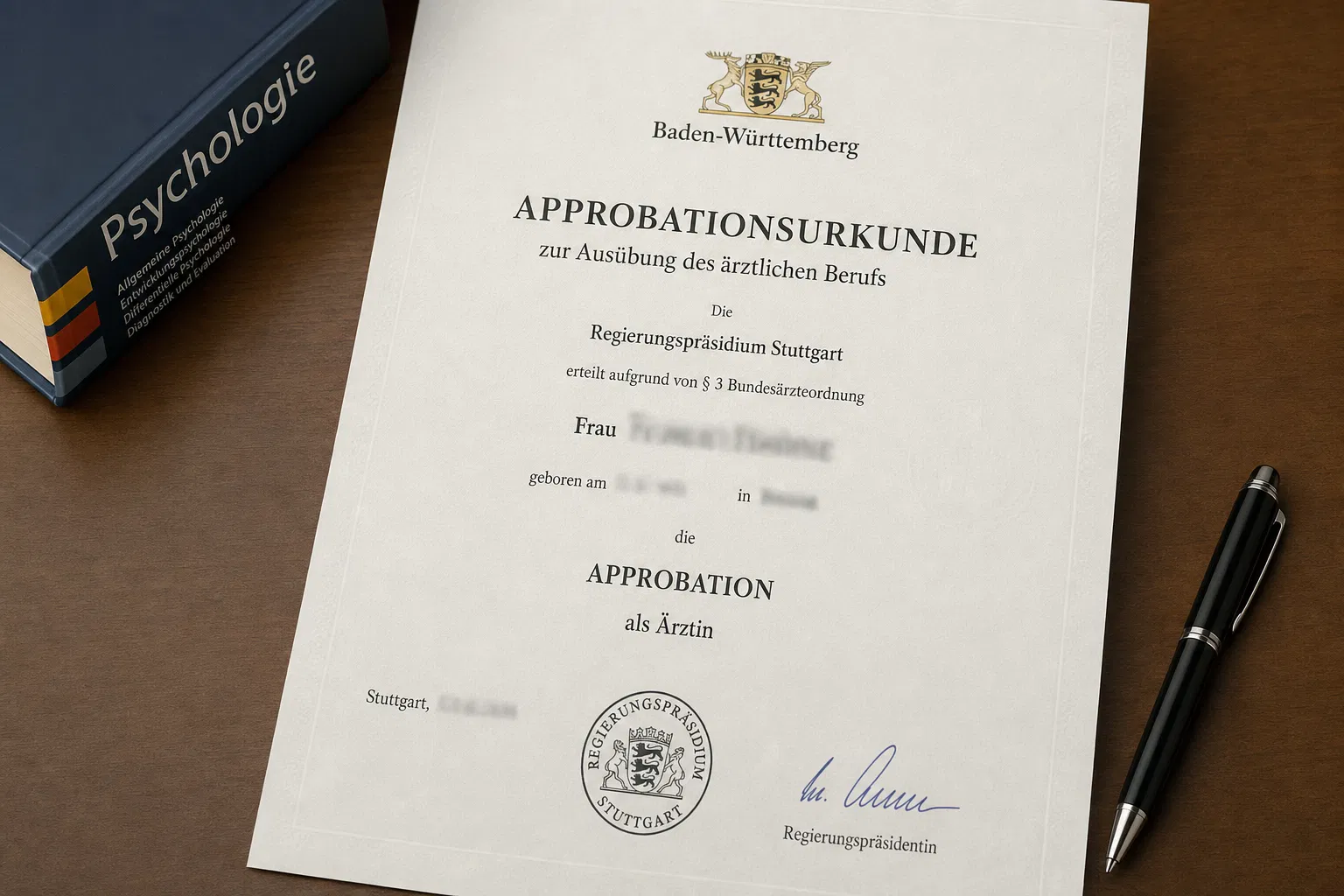 Approbationsurkunde und Psychologie-Fachbuch auf Schreibtisch – Approbation als Psychotherapeutin