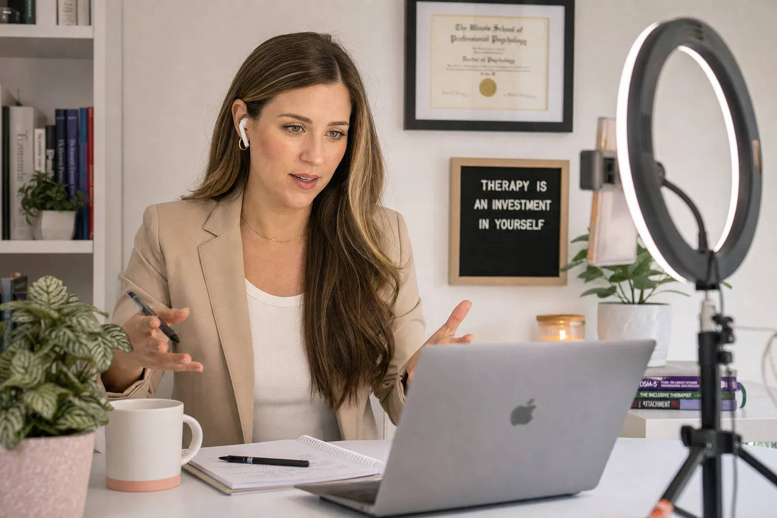 Psychologin bei Online-Therapiesitzung am Laptop mit Ringlicht – Online-Beratung als Psychologin