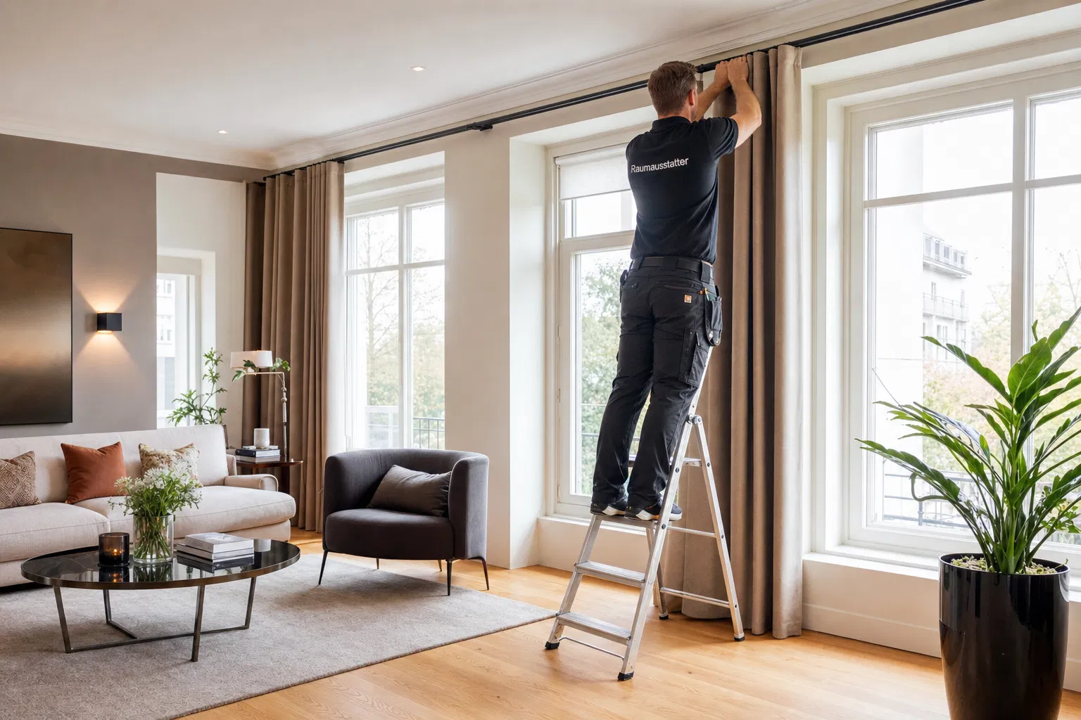 Raumausstatter hängt Vorhänge in einem modernen Wohnzimmer – Selbstständig als Raumausstatter