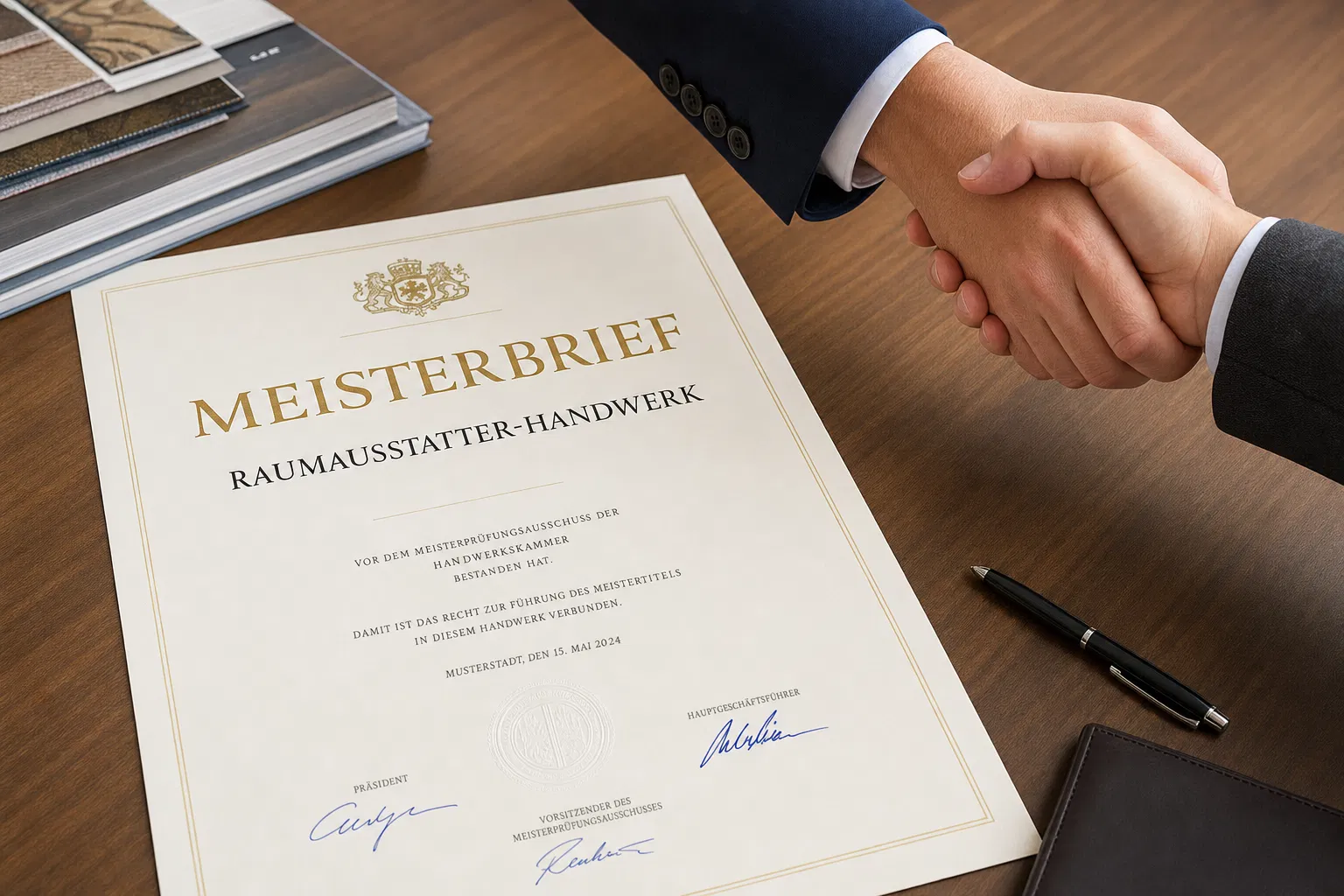 Meisterbrief Raumausstatter-Handwerk auf einem Schreibtisch mit Handschlag – Meisterpflicht Raumausstatter