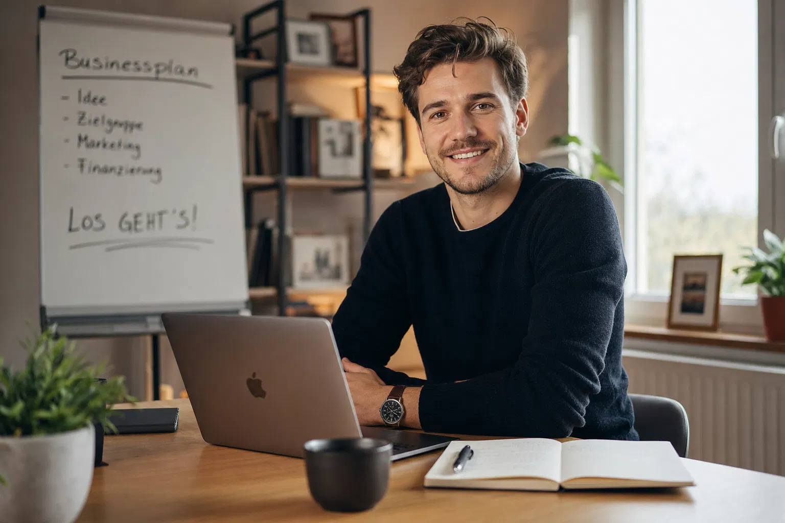 Junger Unternehmer am Laptop plant seine Selbstständigkeit – Selbstständig machen 2026 Leitfaden