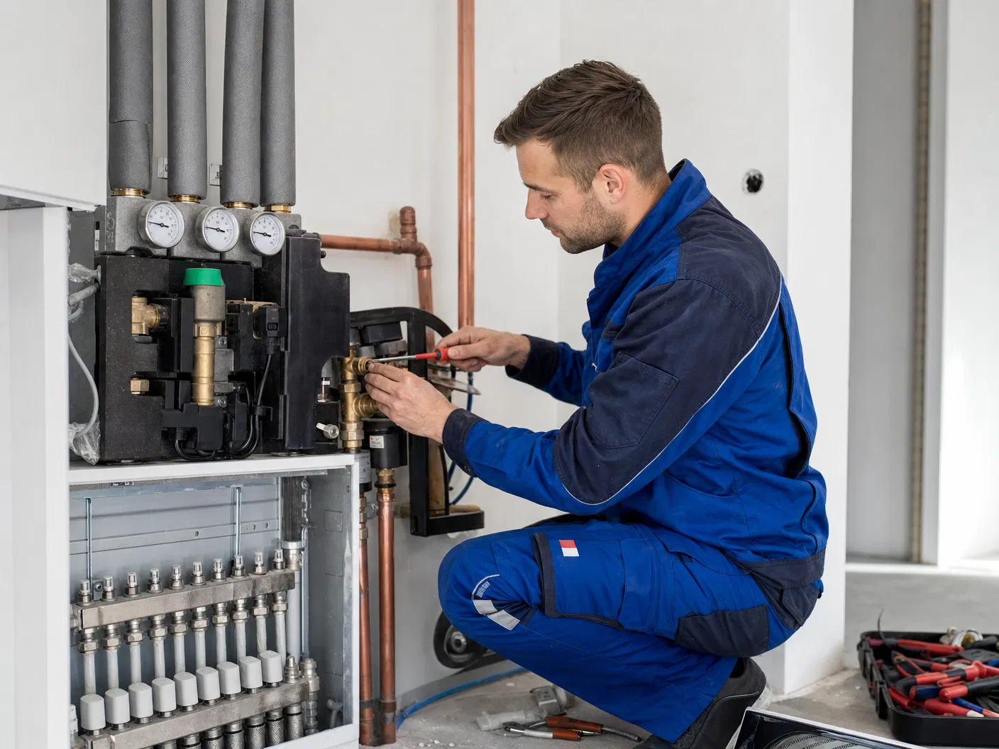 SHK-Handwerker installiert eine Heizungsanlage in einem Neubau