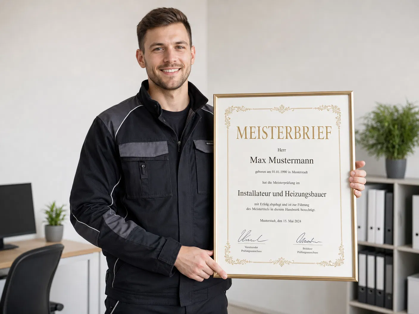 SHK-Meister hält seinen Meisterbrief Installateur und Heizungsbauer