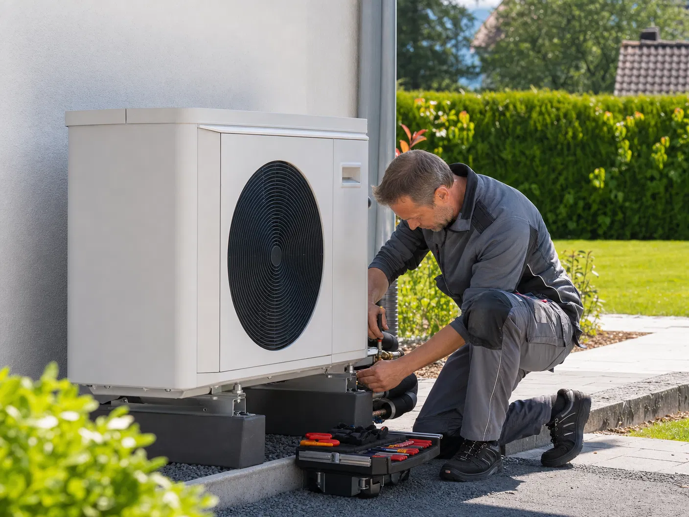 SHK-Techniker installiert eine moderne Wärmepumpe an einem Wohnhaus