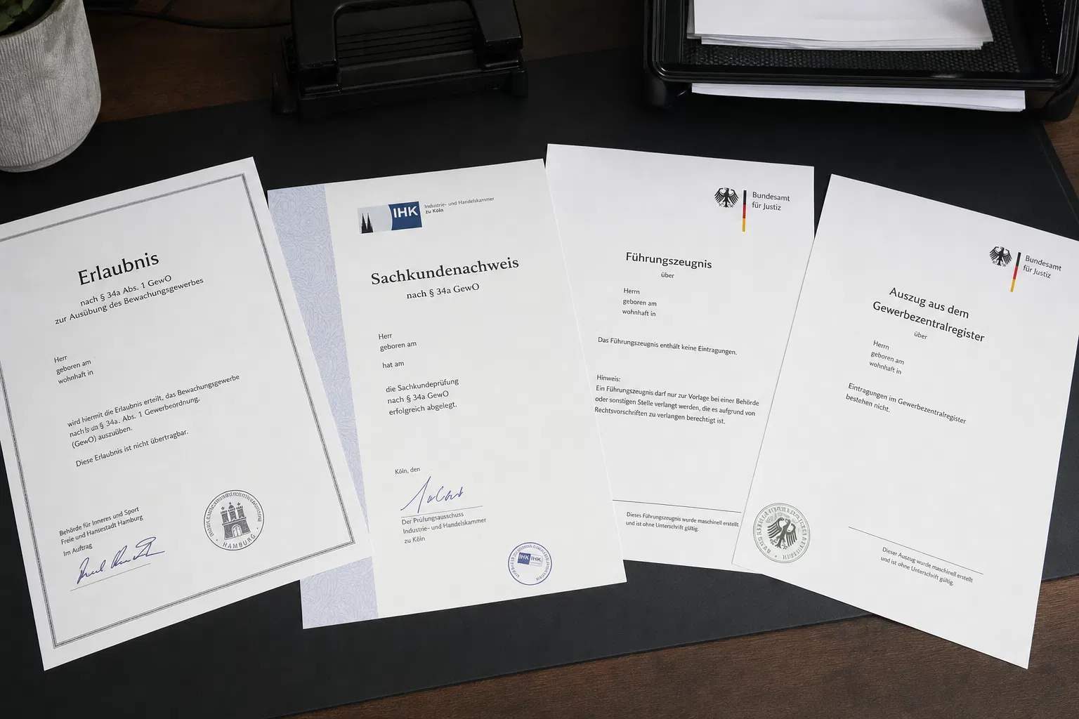 § 34a GewO Erlaubnis Bewachungsgewerbe mit IHK-Sachkundenachweis, Führungszeugnis und Gewerbezentralregister-Auszug