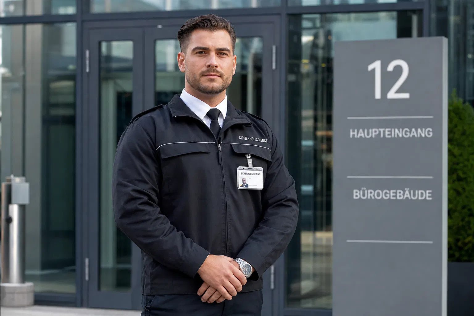 Professioneller Sicherheitsdienst-Mitarbeiter in dunkler Uniform vor Bürogebäude – Sicherheitsdienst gründen 2026
