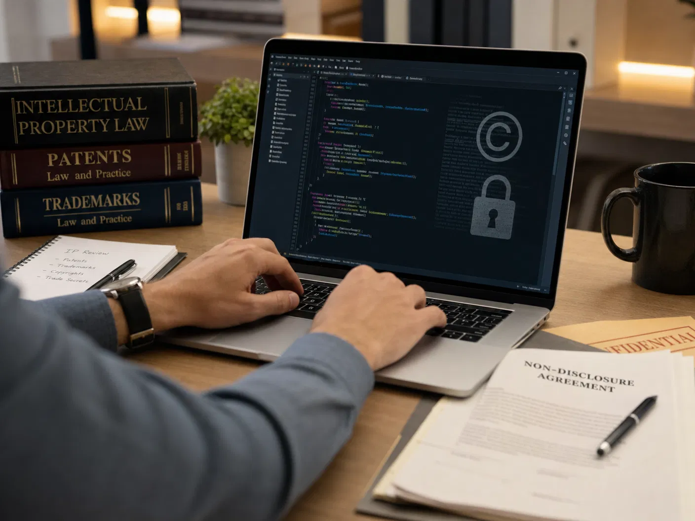 Softwareentwickler prüft IP-Schutz und NDA-Dokumente – Urheberrecht § 69a UrhG Softwarefirma