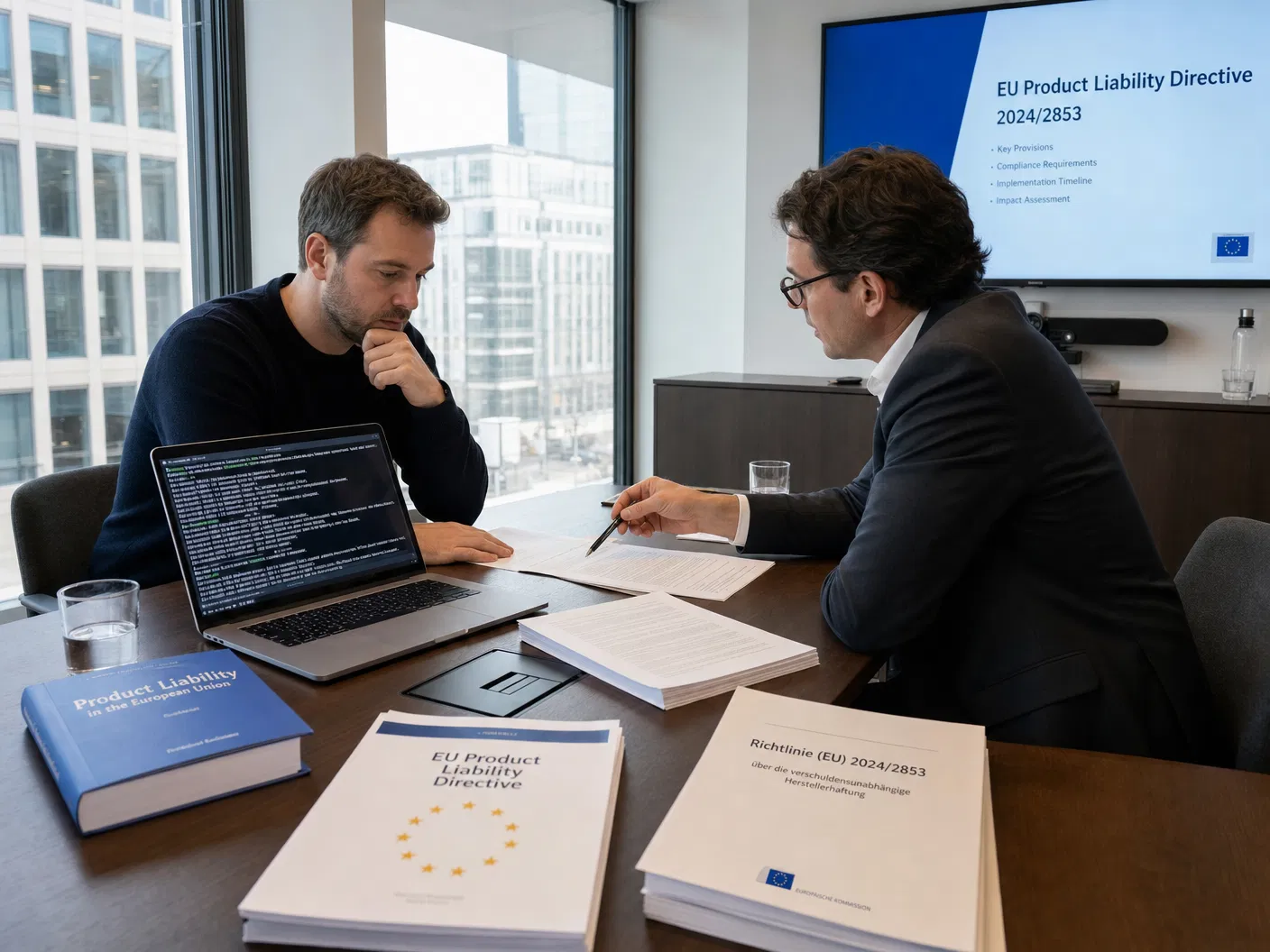 Software-Gründer bespricht EU-Produkthaftungsrichtlinie 2024/2853 mit Anwalt – neue Produkthaftung Software