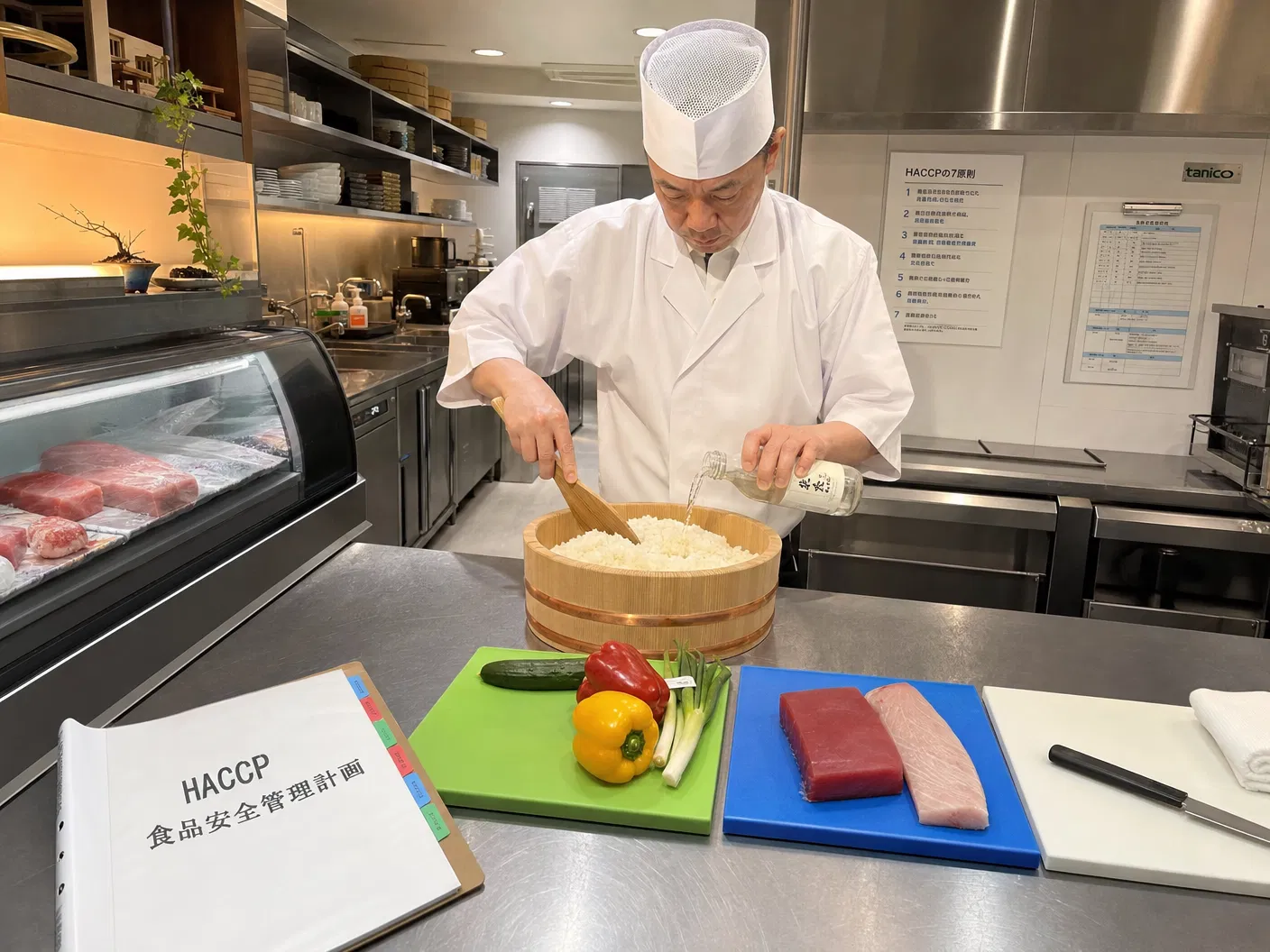 Sushi-Koch bereitet Sushi-Reis mit Essig zu, HACCP-Dokumentationsmappe und farbcodierte Schneidebretter für Fisch und Gemüse – Hygiene im Sushi Restaurant