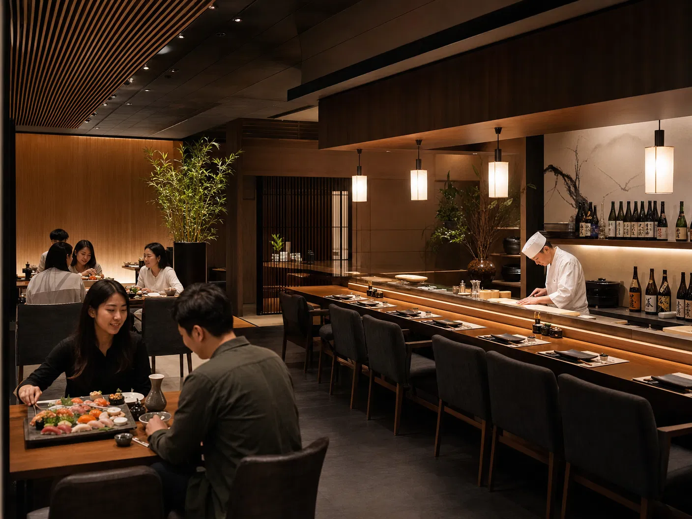 Eleganter japanischer Sushi-Restaurant-Gastraum mit Sushi-Bar, Holzvertäfelung, Sake-Flaschen und Gästen – Sushi Restaurant Atmosphäre