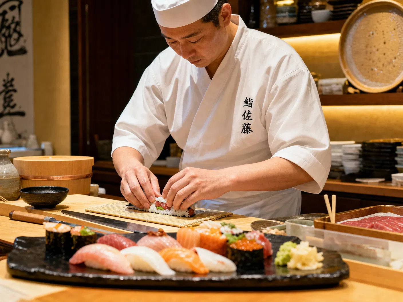Japanischer Sushi-Koch in weißer Uniform bereitet frische Nigiri und Maki auf Holztresen zu – Sushi Restaurant eröffnen 2026