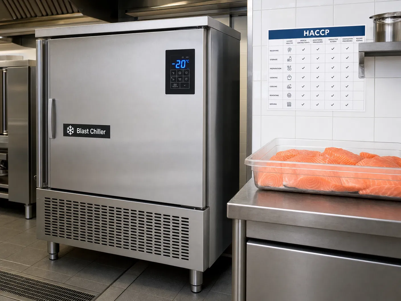 Professioneller Schockfroster (Blast Chiller) mit -20°C Anzeige neben frischen Lachsfilets in einer Restaurantküche – EU-Tiefkühlpflicht für Sushi