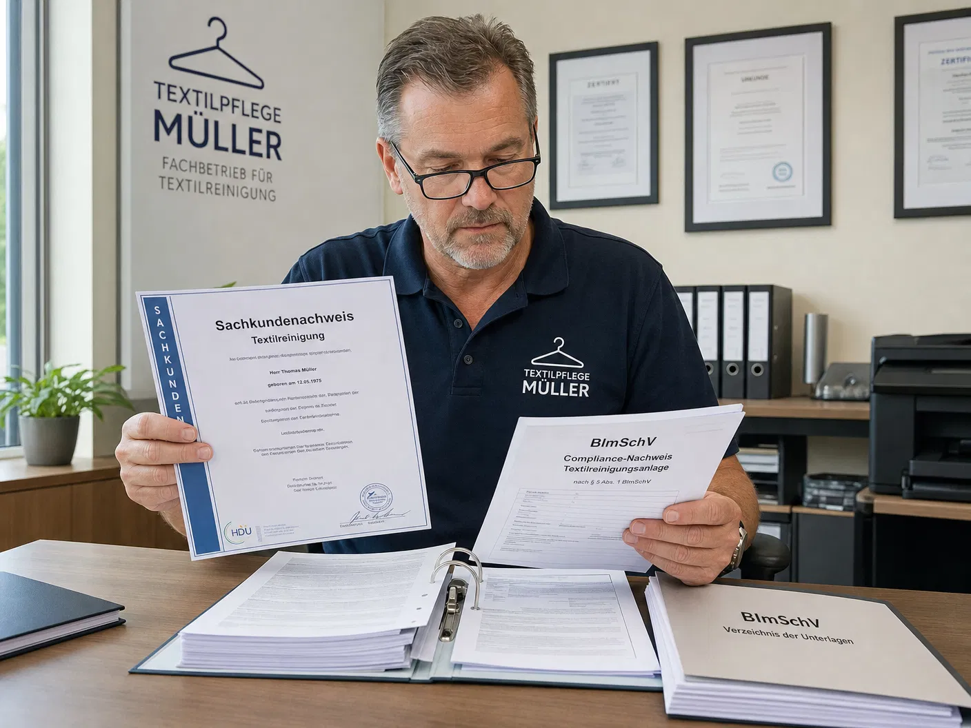Textilreinigung-Inhaber prüft Sachkundenachweis und BImSchV-Unterlagen am Schreibtisch – Auflagen Textilreinigung