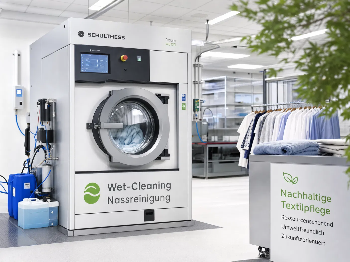 Moderne Nassreinigungsmaschine (Wet-Cleaning) mit digitalem Display in einer deutschen Textilreinigung – Nassreinigung Wet-Cleaning