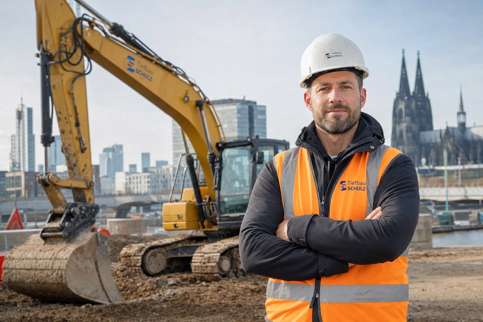 Tiefbauer mit Schutzhelm und Warnweste vor Bagger auf Baustelle – Tiefbau Firma gründen 2026