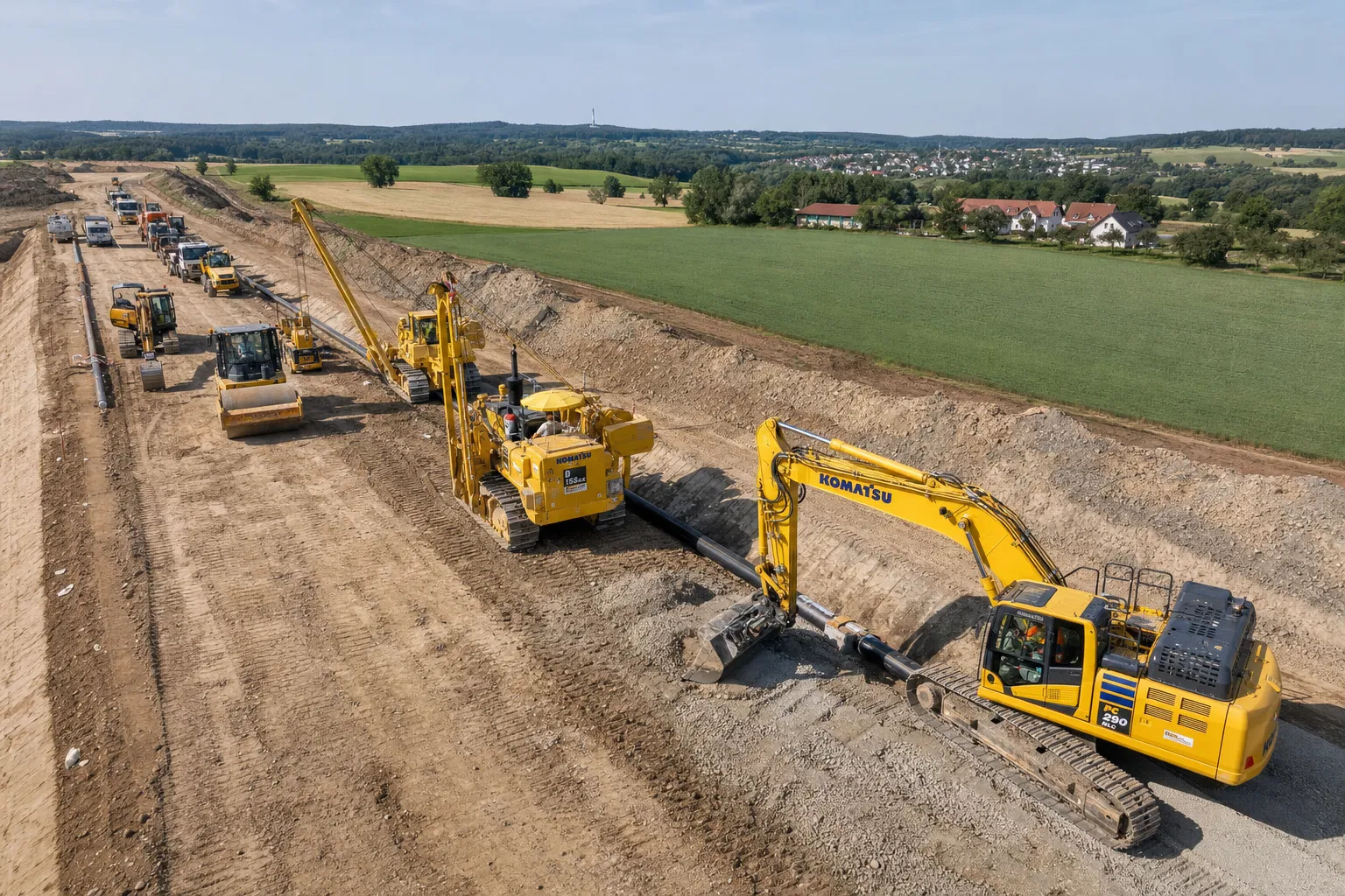 Tiefbau-Maschinenpark mit Baggern und Rohrverlegemaschinen auf Baustelle – Maschinenpark Tiefbauunternehmen
