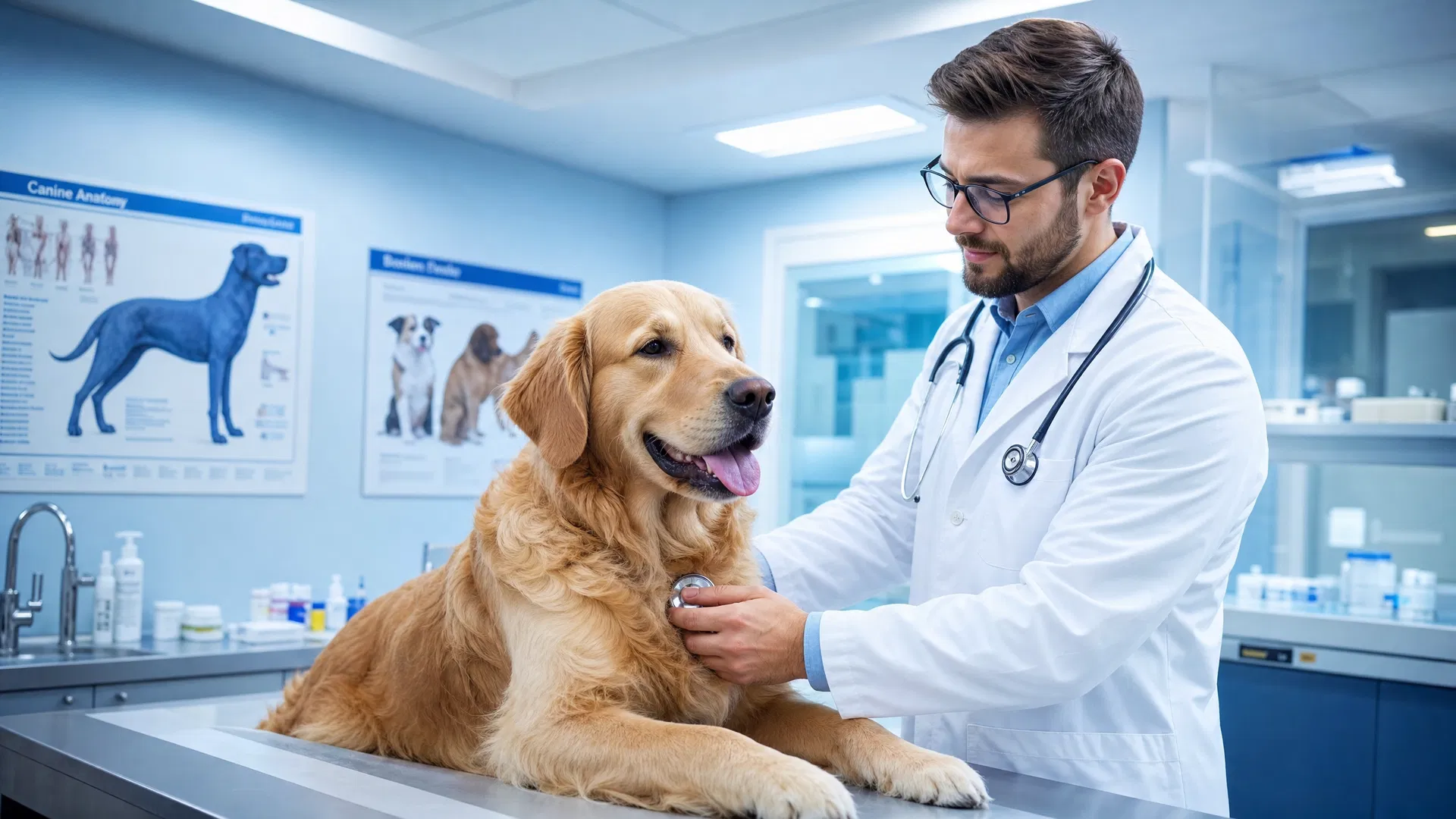 Tierarzt untersucht Golden Retriever in moderner Kleintierpraxis – Tierarztpraxis gründen 2026