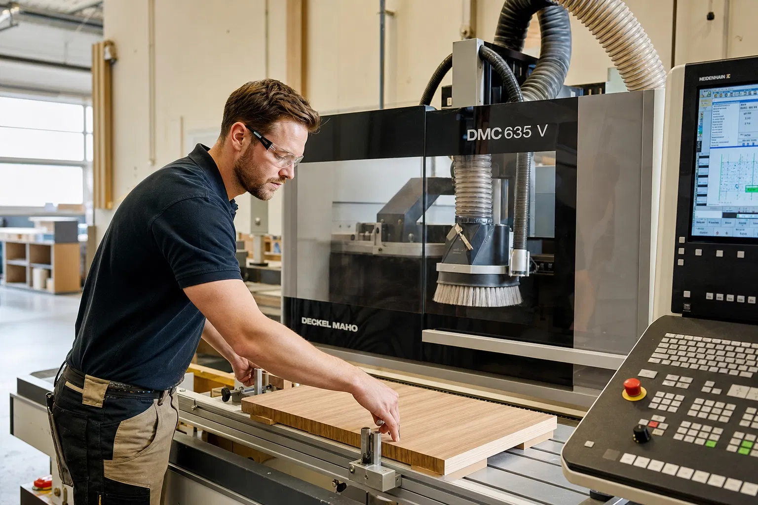 Tischler an moderner CNC-Maschine in professioneller Werkstatt