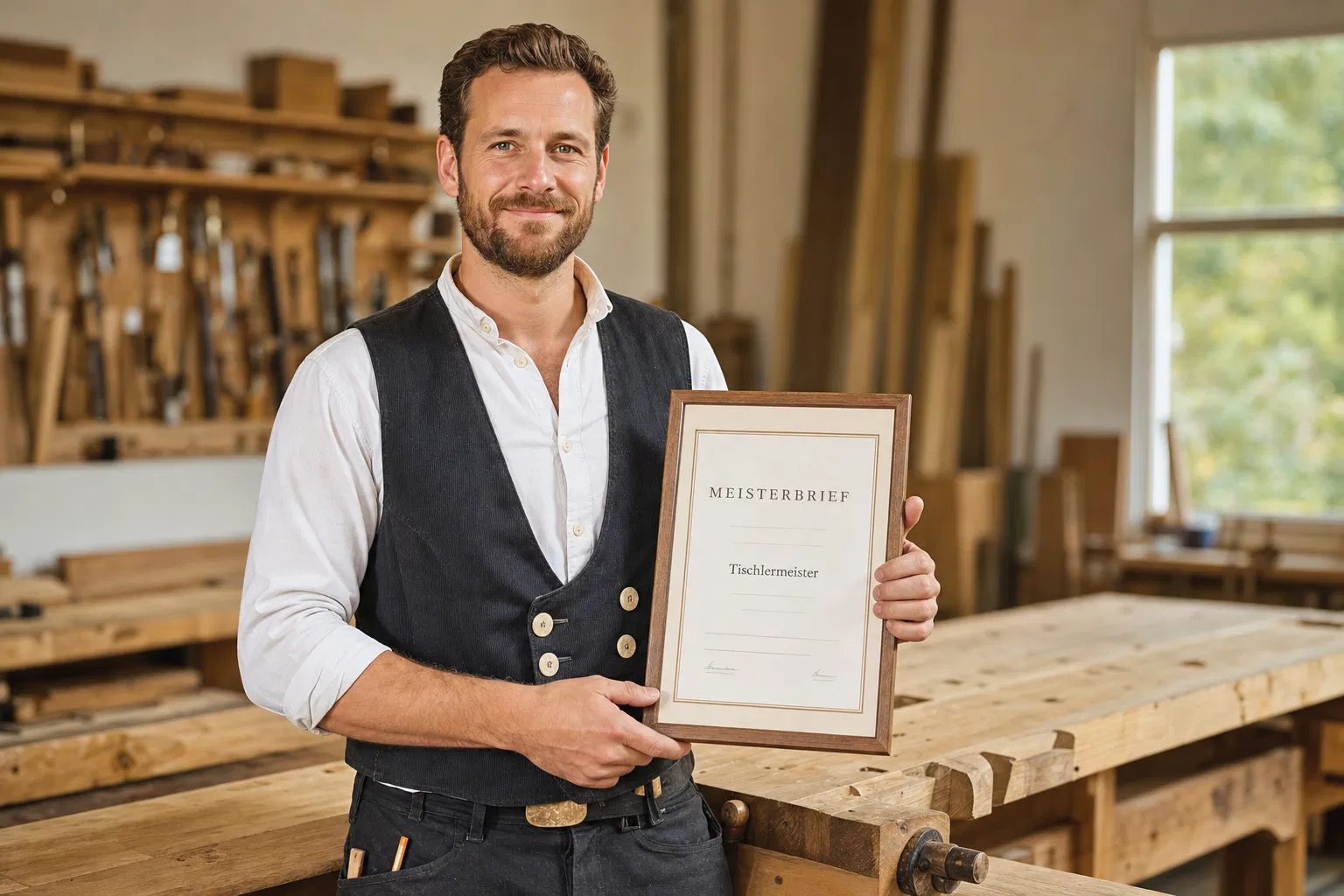 Selbstständiger Tischlermeister mit Meisterbrief in seiner Werkstatt