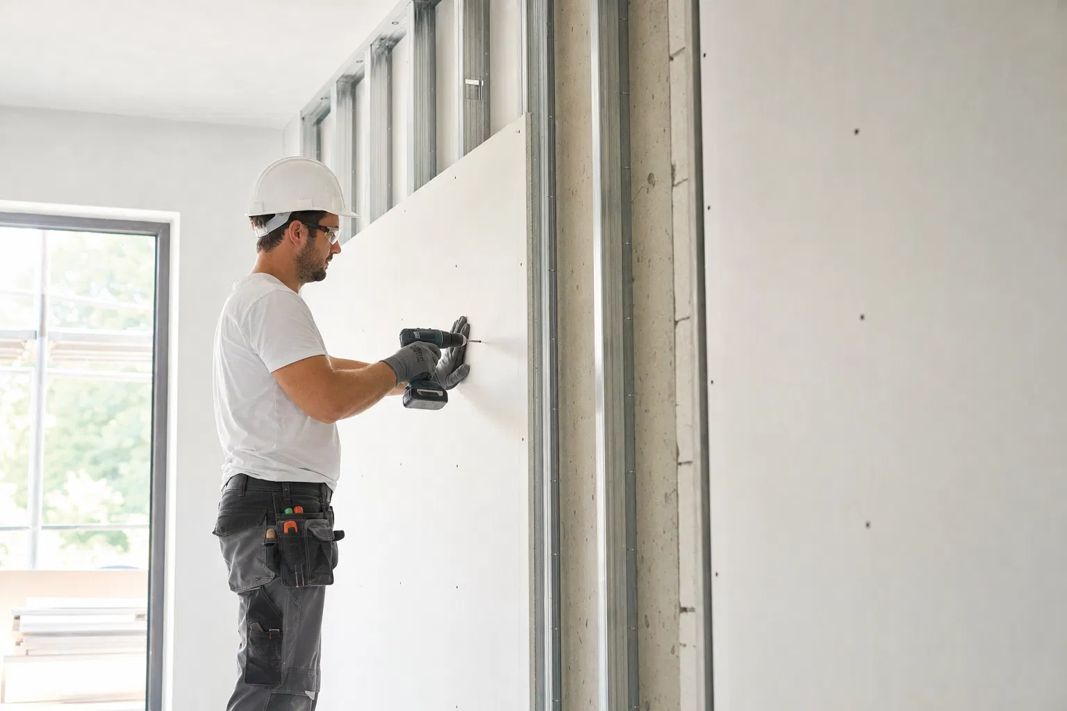 Trockenbauer installiert Gipskartonplatten auf Metallständerwerk – Trockenbau Firma gründen 2026