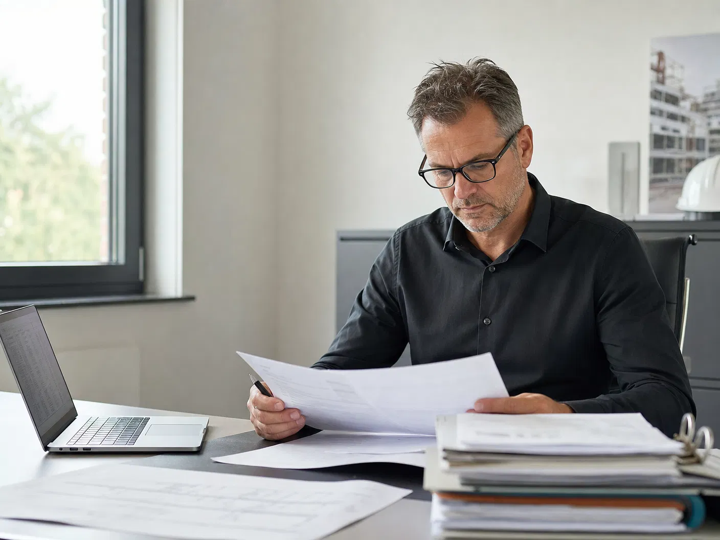 Trockenbau-Unternehmer prüft Soka-Bau Unterlagen am Schreibtisch – Soka-Bau Trockenbau
