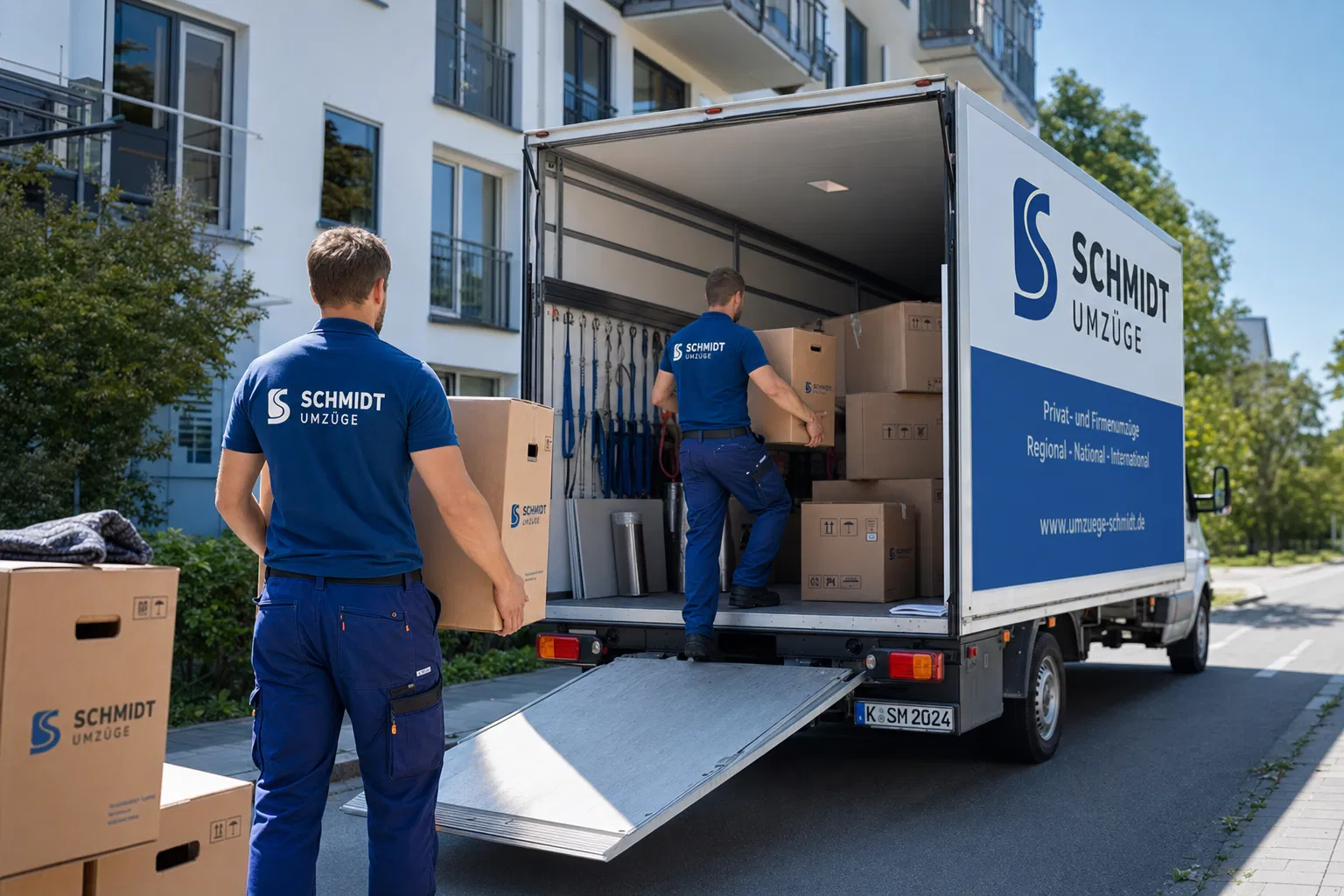 Umzugsunternehmen-Mitarbeiter beladen professionell einen Umzugslkw in einer deutschen Wohngegend