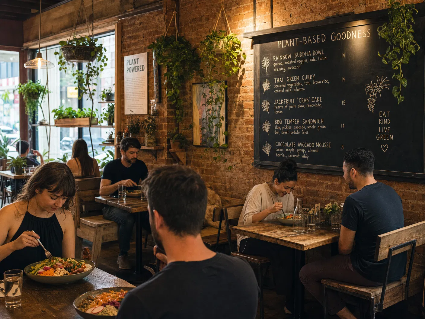 Stilvoller veganer Restaurant-Gastraum mit Backsteinwänden, hängenden Pflanzen und Kreidetafel-Speisekarte – Veganes Restaurant Atmosphäre