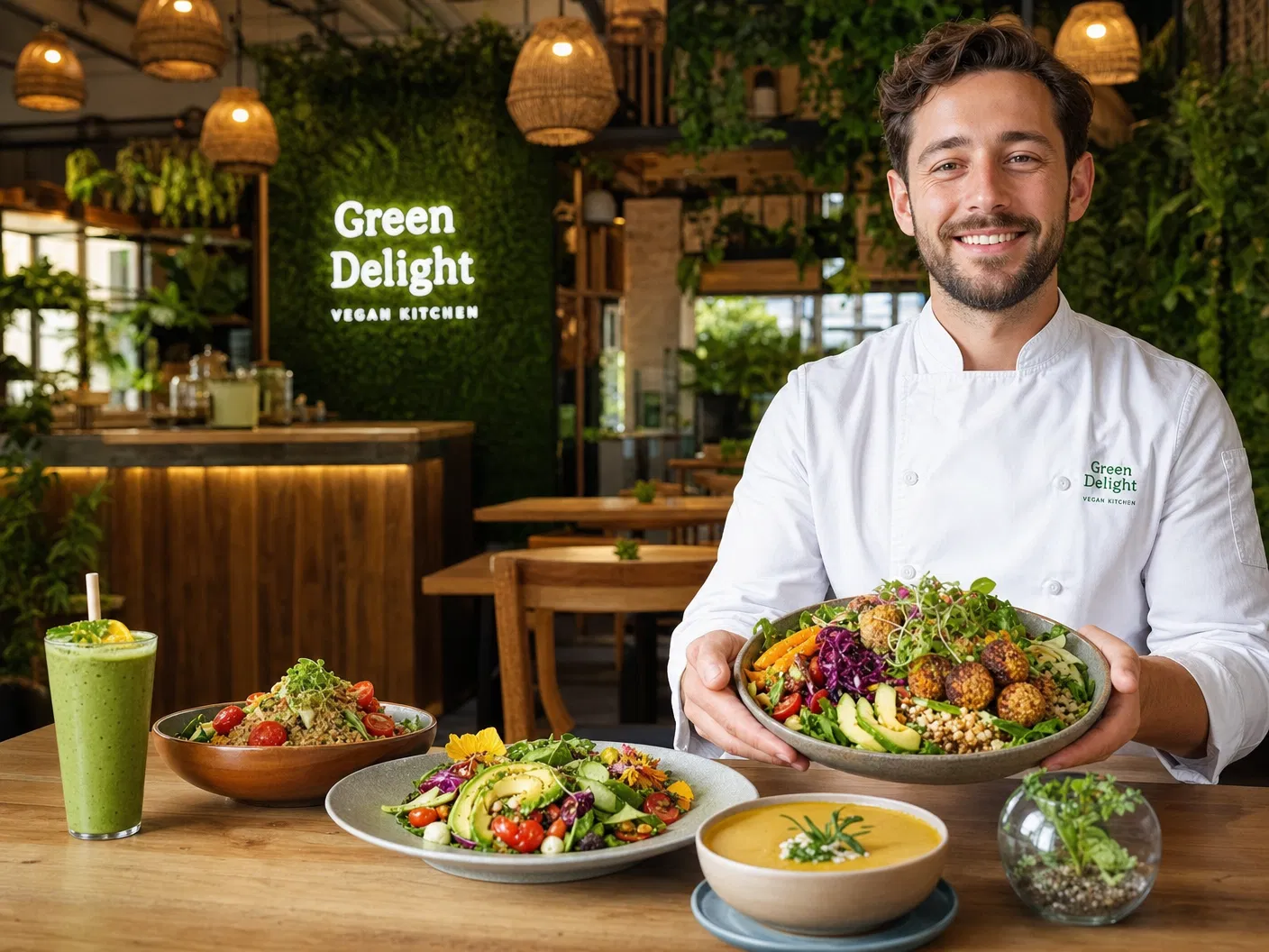 Koch präsentiert buntes veganes Gericht in modernem veganen Restaurant mit Pflanzenwand – Veganes Restaurant eröffnen 2026