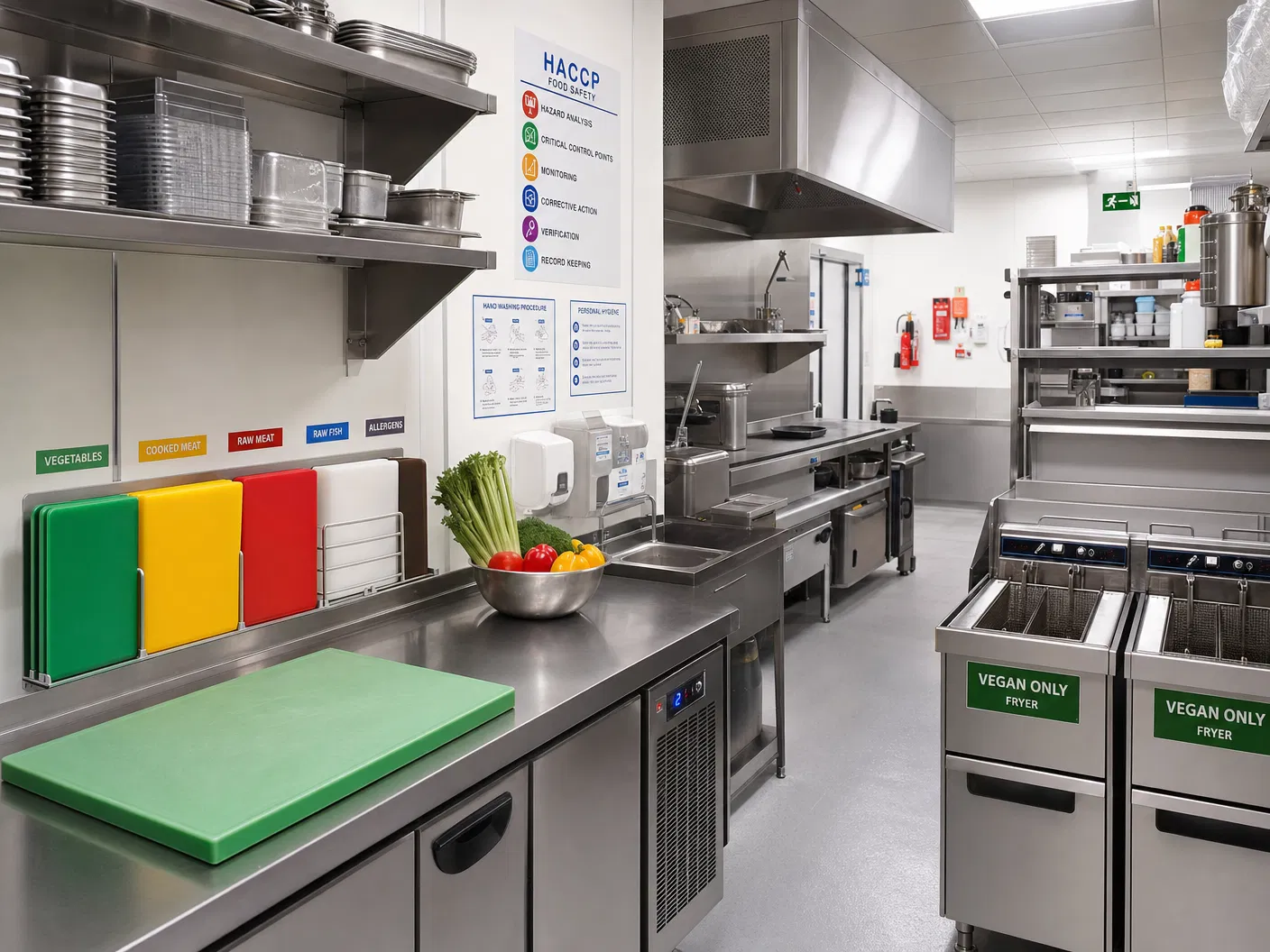 Professionelle vegane Restaurantküche mit farbcodierten Schneidebrettern, separaten Fritteusen 'Vegan Only' und HACCP-Beschilderung – Kreuzkontamination vermeiden