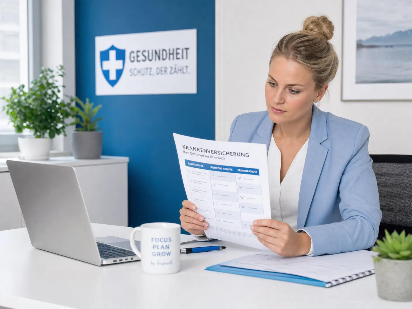 Freiberuflerin prüft Krankenversicherungsoptionen für Selbstständige