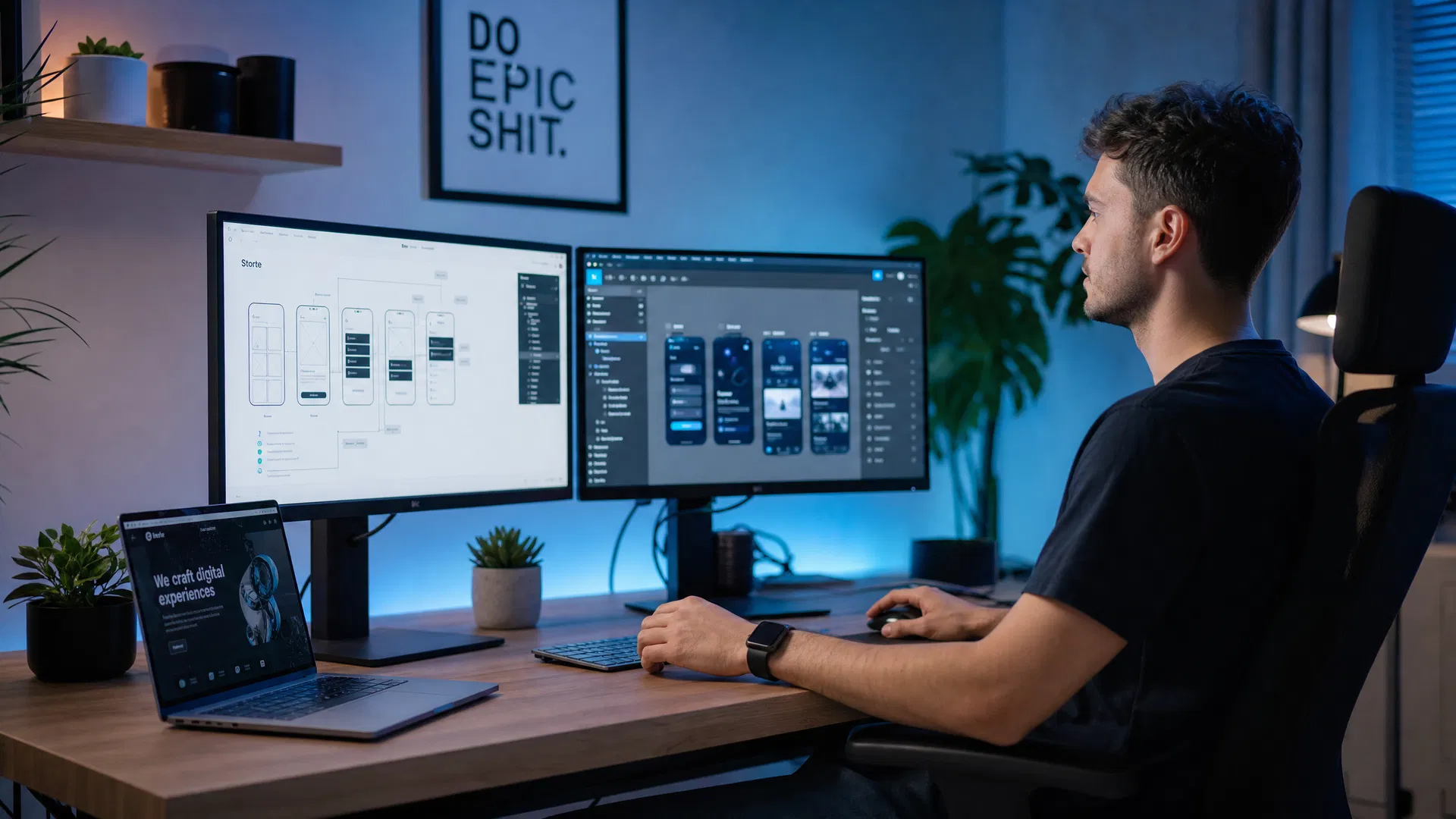 Webdesigner arbeitet an Dual-Monitor-Setup mit UI/UX-Designs und Figma – Als Webdesigner selbstständig machen 2026