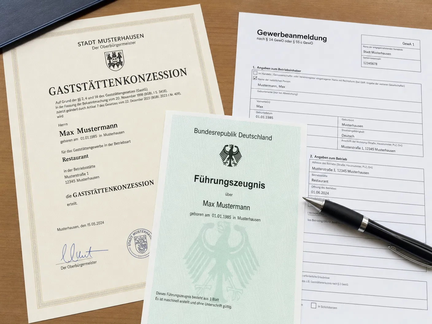 Gaststättenkonzession, Führungszeugnis und Gewerbeanmeldung auf Holztisch – Genehmigungen für Weinbar eröffnen