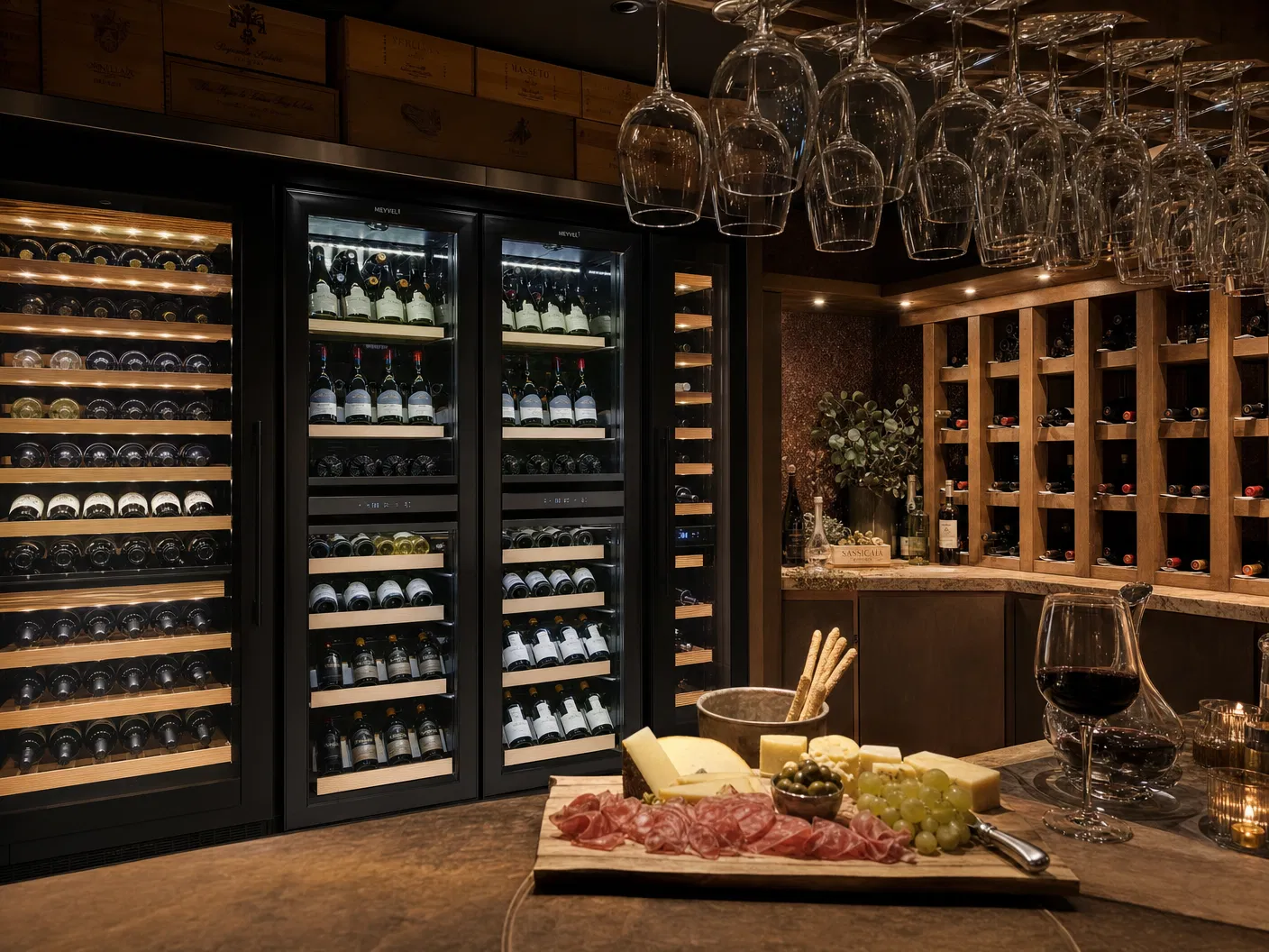 Professionelle Weinkühlschränke mit verschiedenen Temperaturzonen, Weinregale, hängende Weingläser und Käse-Charcuterie-Board – Ausstattung Weinbar