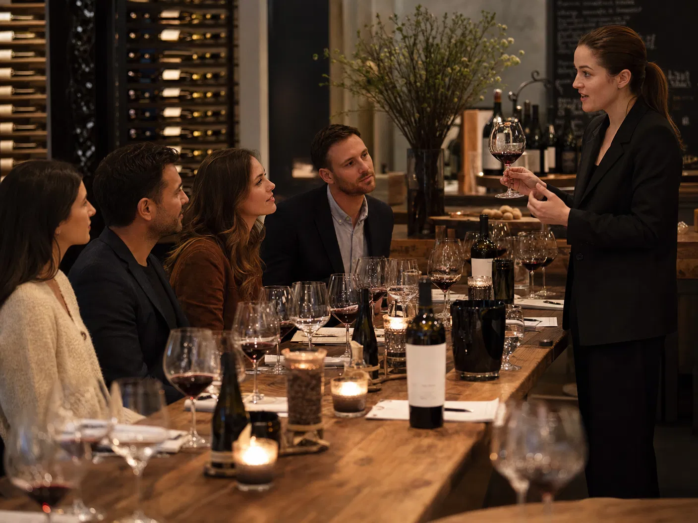 Weinprobe-Event in einer Weinbar: Sommelier erklärt Rotwein an einem Holztisch mit vier Gästen und mehreren Weingläsern – Weinbar eröffnen Konzept