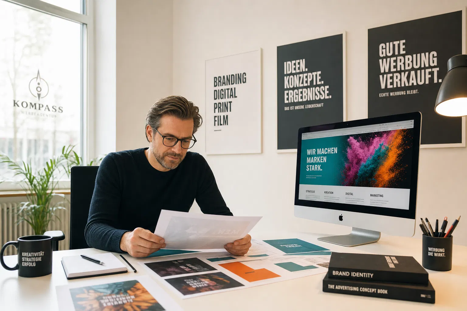 Werbeagentur gründen: Agenturgründer im modernen Büro mit Kampagnenunterlagen – Rechtsform, UWG & Urheberrecht 2026