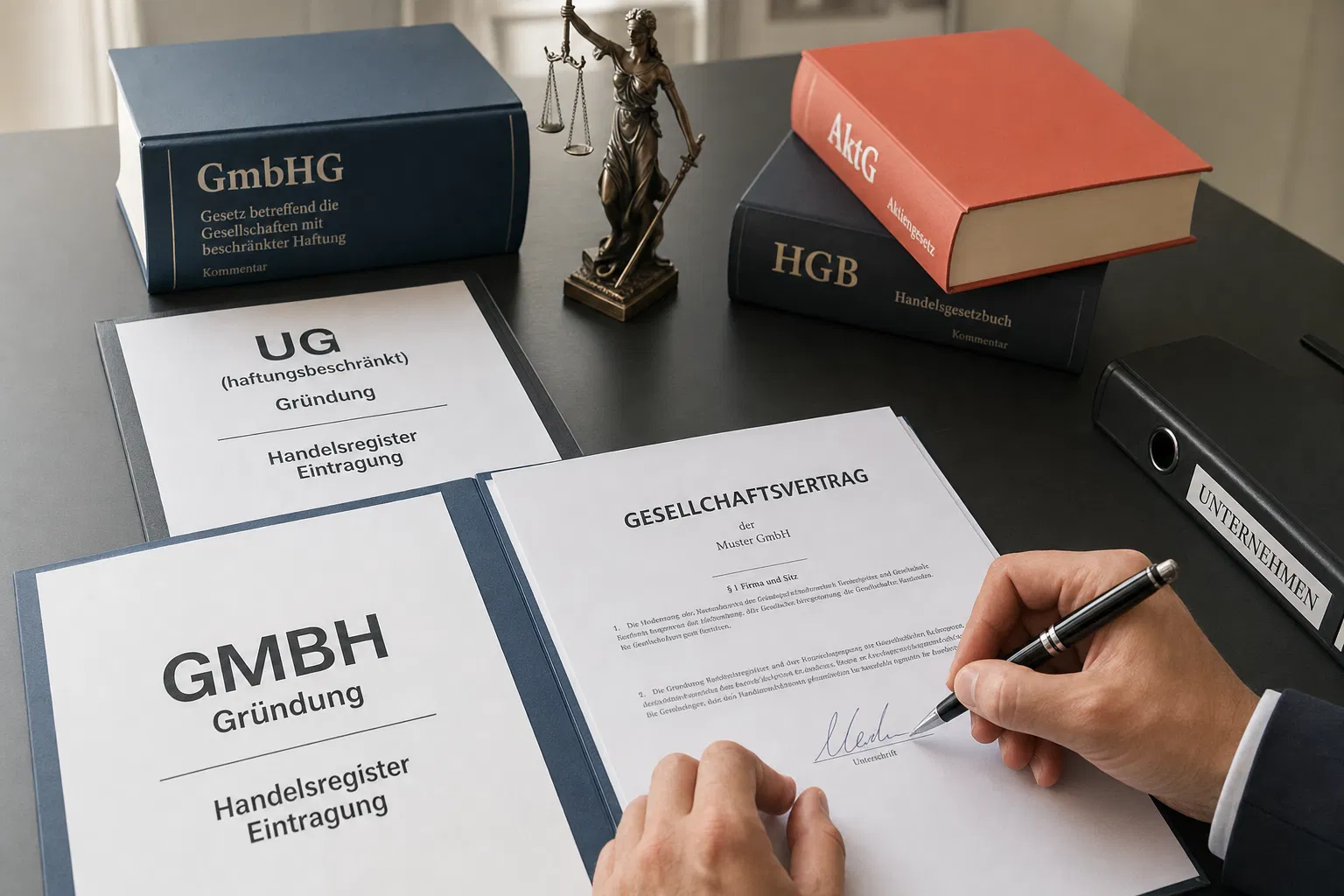 Rechtsformwahl Werbeagentur: GmbH und UG Gründungsunterlagen auf dem Schreibtisch
