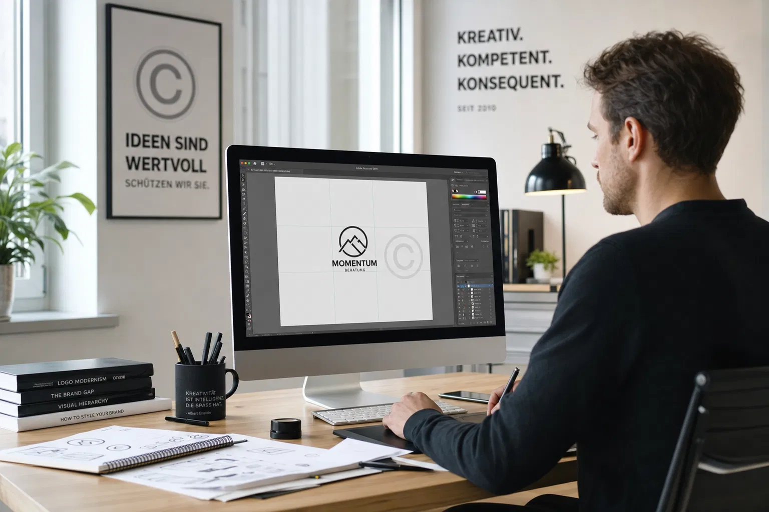 Urheberrecht Werbeagentur: Designer erstellt Logo mit Copyright-Symbol im Hintergrund