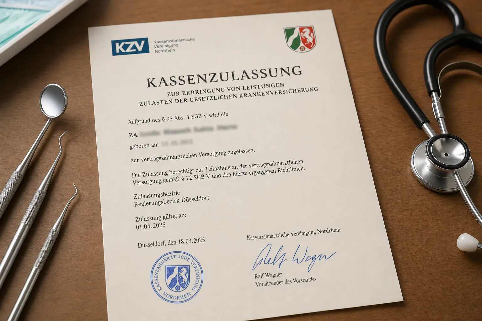 KZV-Kassenzulassungsurkunde auf Holztisch mit Zahnarzt-Instrumenten – Kassenzulassung Zahnarzt 2026