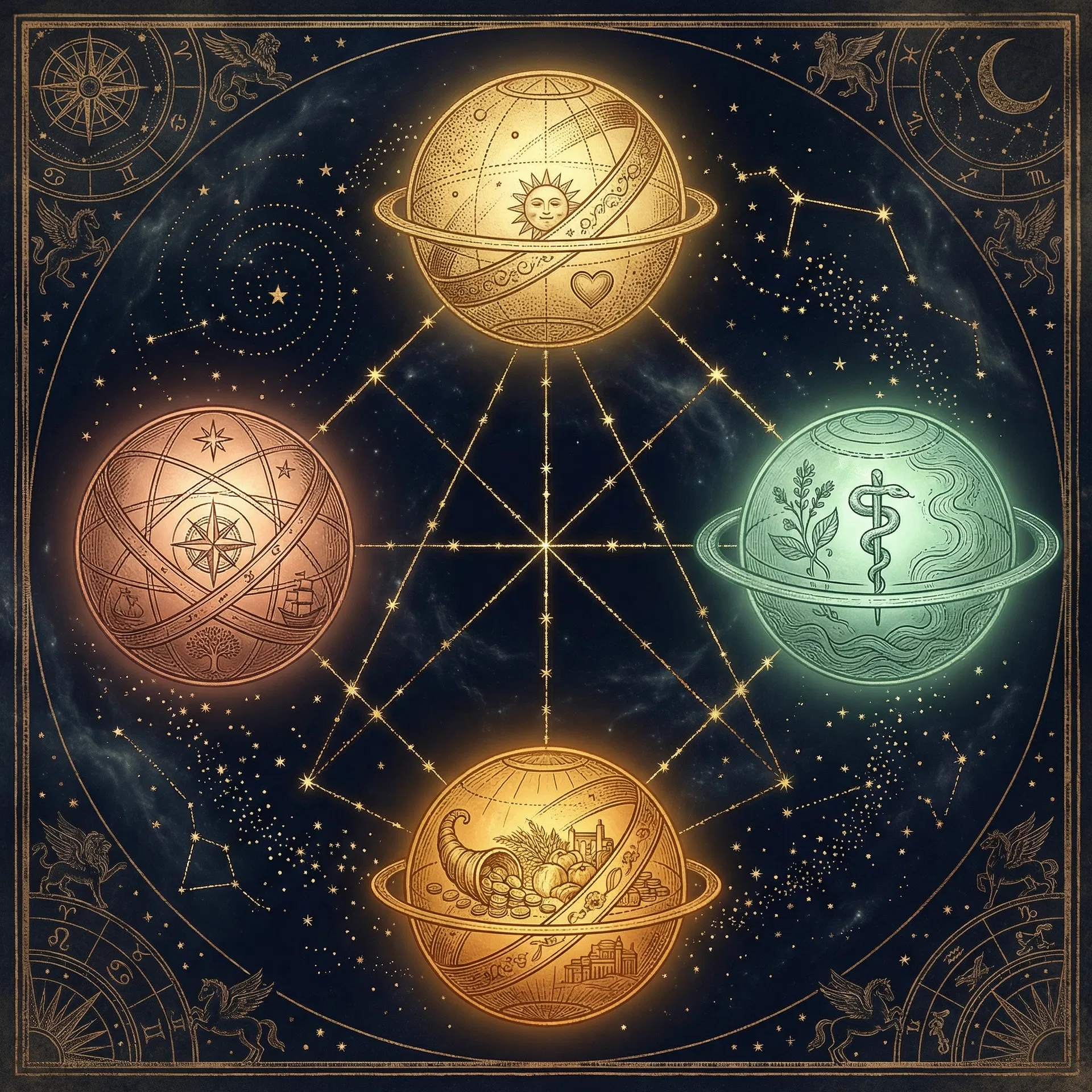 Four celestial orbs representing Happiness, Health, Abundance, and Purpose